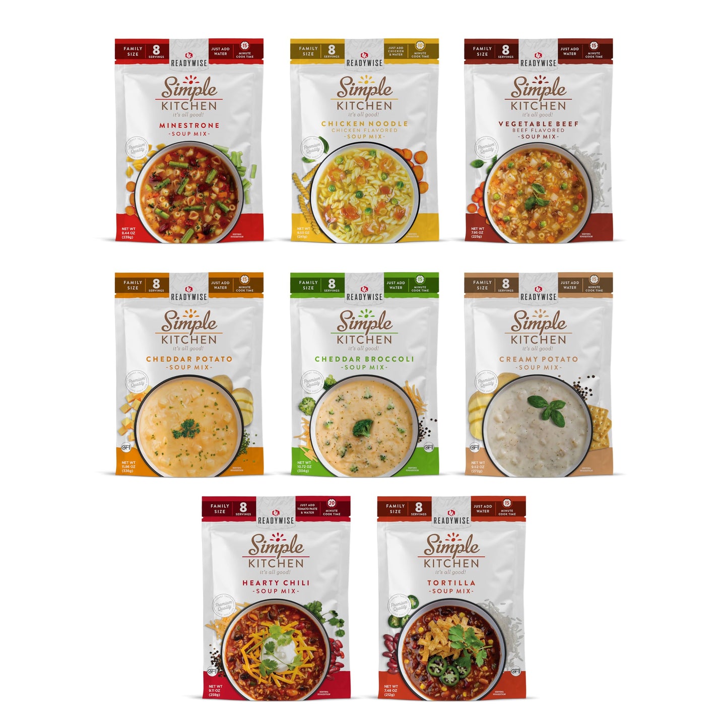 READYWISE - Simple Kitchen, Soup Sampler, Variety Pack, 8 Servings Per Pouch, Soup Mix, Family Size, Gluten Free Options, Freeze Dried Food, Soup for Family, Pack of 8