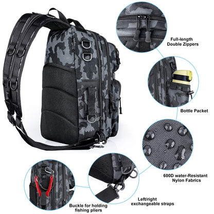 PLUSINNO Fishing Backpack with Tackle Boxes, Waterproof Fishing Sling Tackle Bag For Fishing Gear With Rod Holder, Fishing Gifts for Men With Fishing lures, Fishing pliers, Fish Lip Gripper.