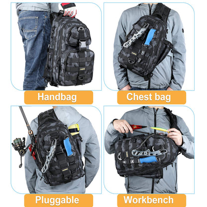 PLUSINNO Fishing Backpack with Tackle Boxes, Waterproof Fishing Sling Tackle Bag For Fishing Gear With Rod Holder, Fishing Gifts for Men With Fishing lures, Fishing pliers, Fish Lip Gripper.