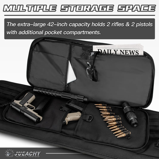 Jueachy Tactical Double Rifle Bag: 42 Inch Rifle Case Long Gun Bag Soft Bags Conceal Backpack Strap Lockable Compartment