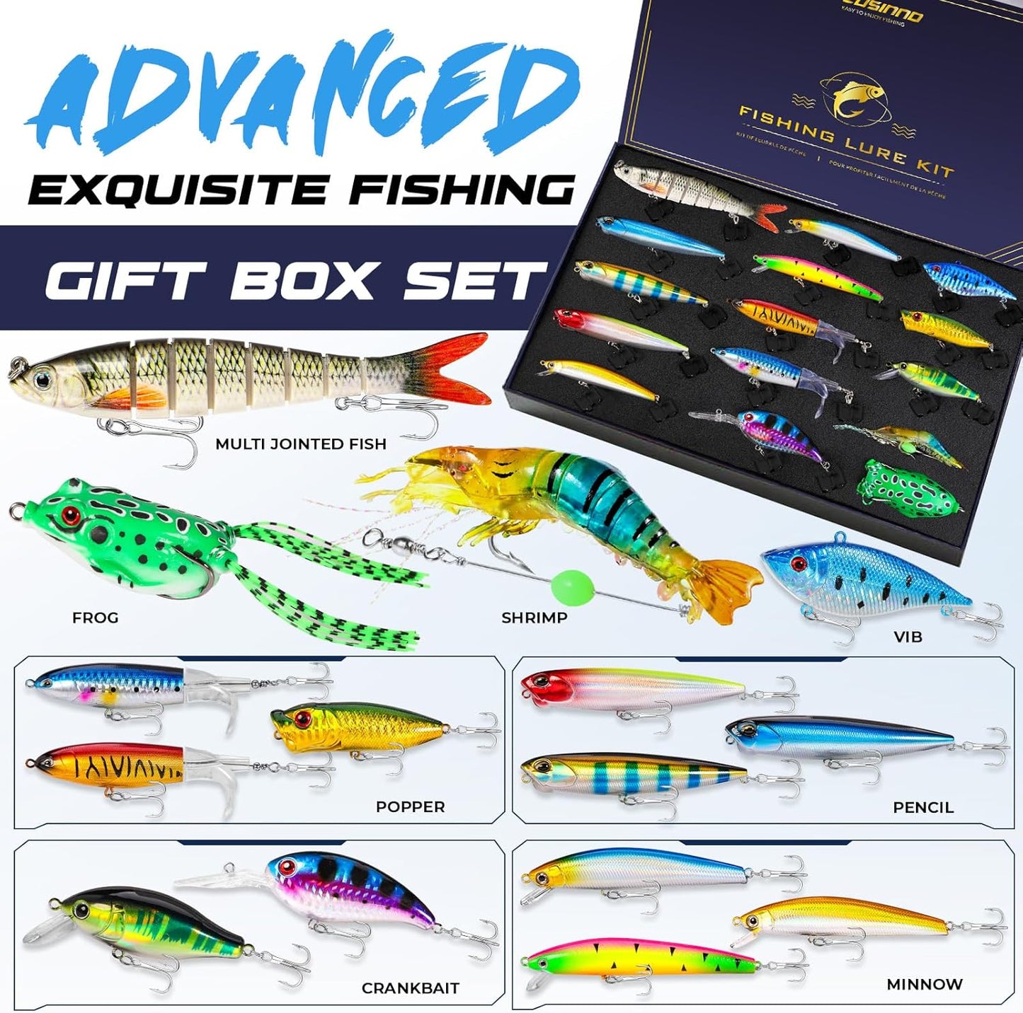 PLUSINNO Fishing Lures kit, Bass Fishing Lures for Freshwater，Fishing Gear Set 2025 Christmas Fishing Gifts for Men, Fishermen, Angler