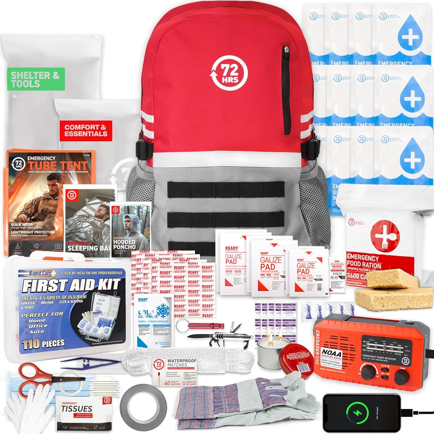 72 HRS Deluxe Emergency Survival Kit - Heavy Duty 72 Hour Bag Survival Kit for Earthquake, Hurricane, Tsunami, Winter, Blackout - Includes Emergency First Aid Kit, Water, Food