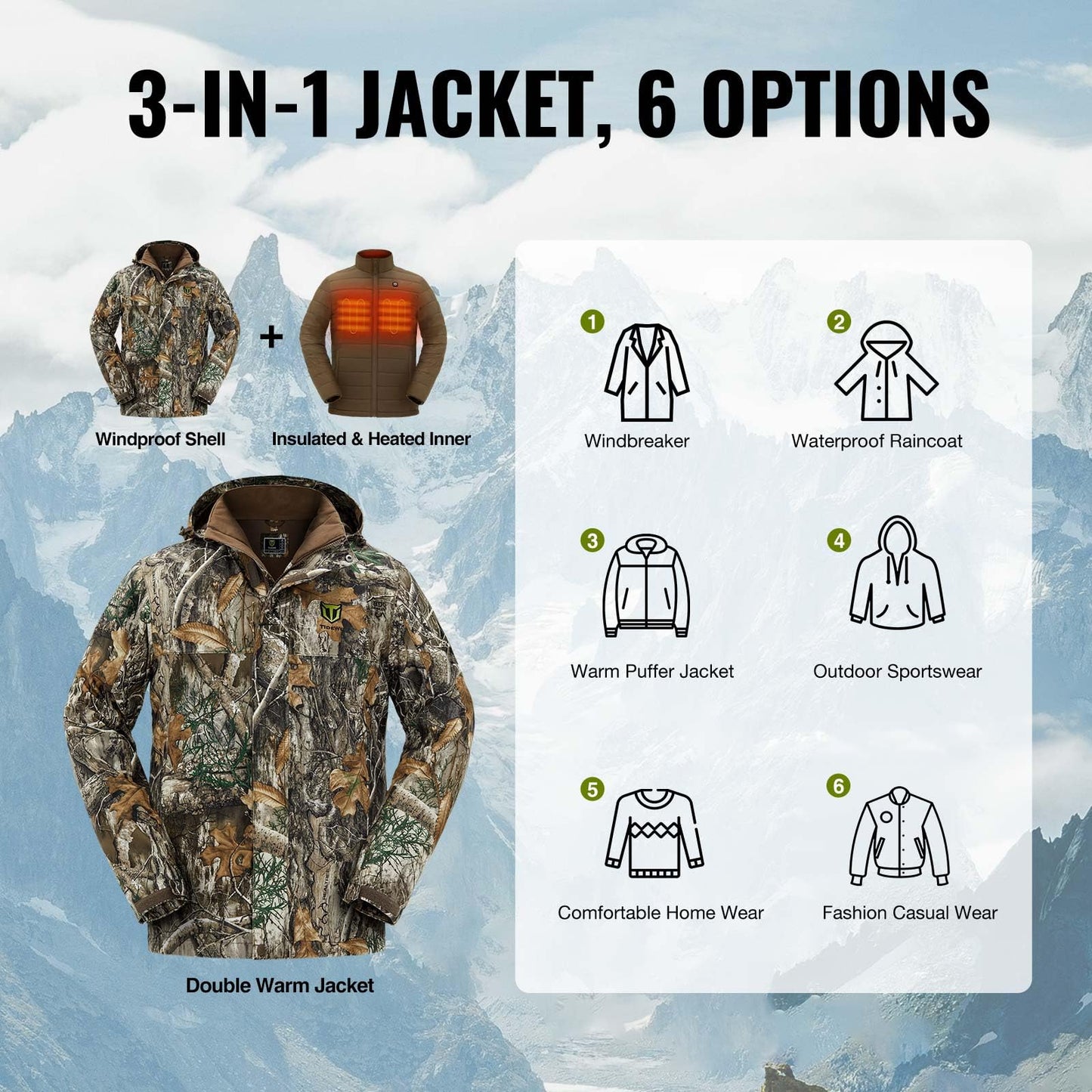 TIDEWE Men’s Heated Jacket 3-in-1 with Hood and Battery Pack, Heated Coat for Hunting, Skiing