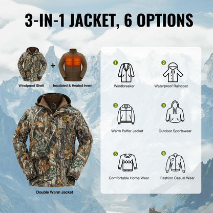 TIDEWE Men’s Heated Jacket 3-in-1 with Hood and Battery Pack, Heated Coat for Hunting, Skiing