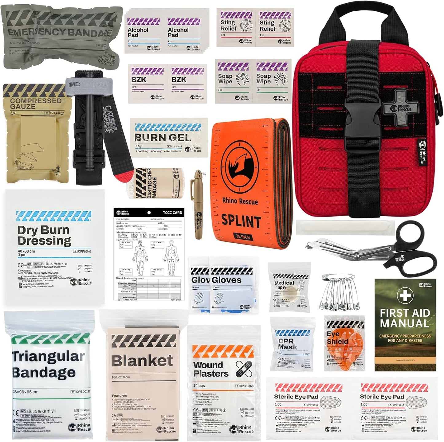RHINO RESCUE Bundle-Vented Chest Seal, 4 Vents, Sterile Emergency Trauma Dressing, Occlusive Adhesive Pad+IFAK Trauma Kit with C-A-T Tourniquet for Wound Care, Tactical First Aid Kit Molle Pouch