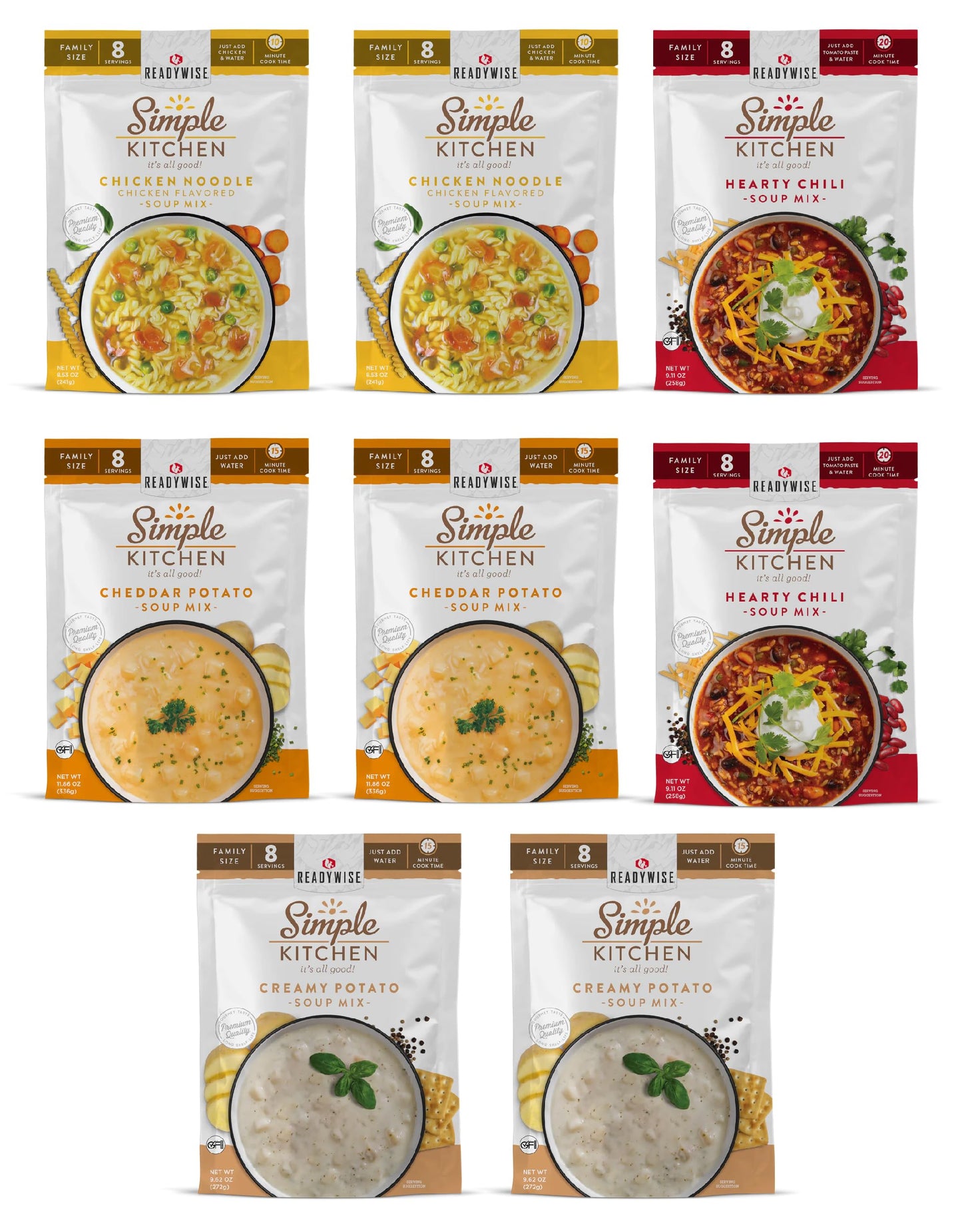 READYWISE - Simple Kitchen, Soup Sampler, Variety Pack, 8 Servings Per Pouch, Soup Mix, Family Size, Gluten Free Options, Freeze Dried Food, Soup for Family, Pack of 8