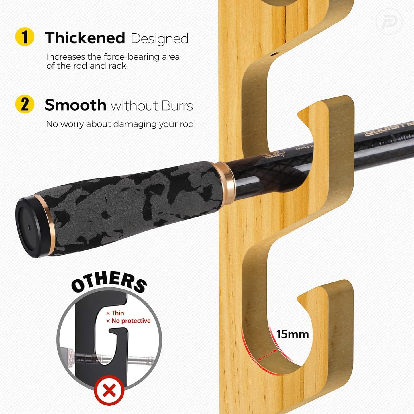 PLUSINNO WH5 Horizontal Fishing Rod/Pole Holders for Garage, Wall or Ceiling Mounted Rack, Solid Wood Fishing Rod Holder Holds up to 5/10/20 Rods or Combos Fishing Gear, Gifts for Men