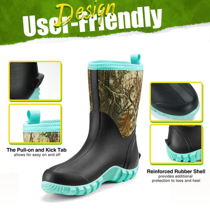 TIDEWE Rubber Boots for Women with Steel Shank, 6mm Neoprene Waterproof Insulated Mid Calf Rain Boots, Sturdy Hunting Work Boots for Farming Gardening Fishing