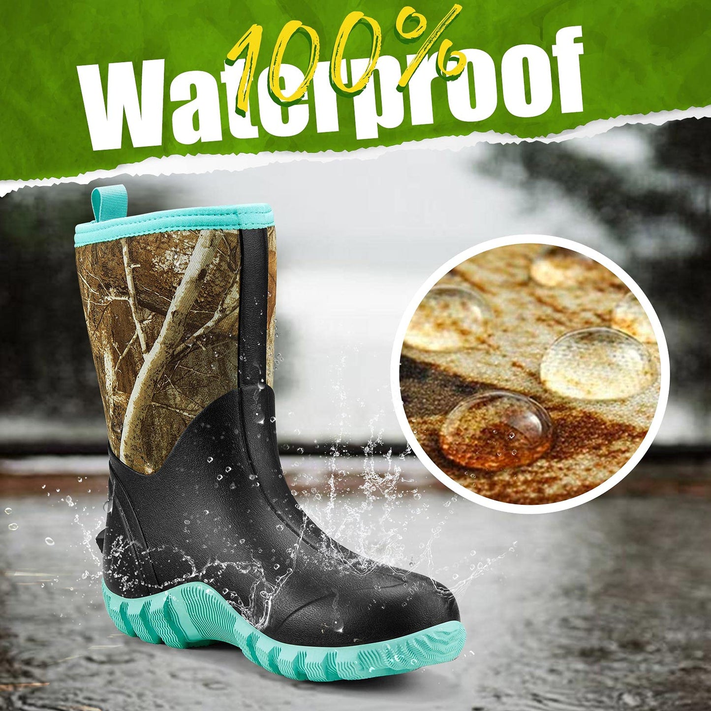 TIDEWE Rubber Boots for Women with Steel Shank, 6mm Neoprene Waterproof Insulated Mid Calf Rain Boots, Sturdy Hunting Work Boots for Farming Gardening Fishing
