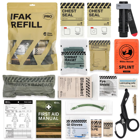 RHINO RESCUE IFAK Refill Kit 17Pcs with CAT Gen-7 Tourniquet, Emergency Tactical First Aid Kit Medical Supplies, IFAK Trauma Kit Combat Pack for Trauma Wound Care, Gunshot, Car & Camping(Brown)