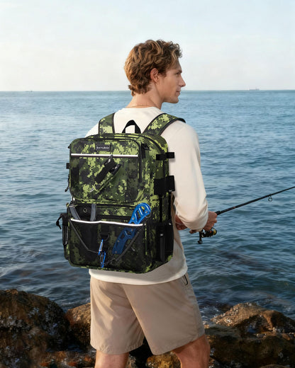 BAVGRED Fishing Backpack with Removable Bait Binder, Large Water Resistant Tackle Bag Storage Gear and Equipment for Fishing, Camping, Hiking, Grey