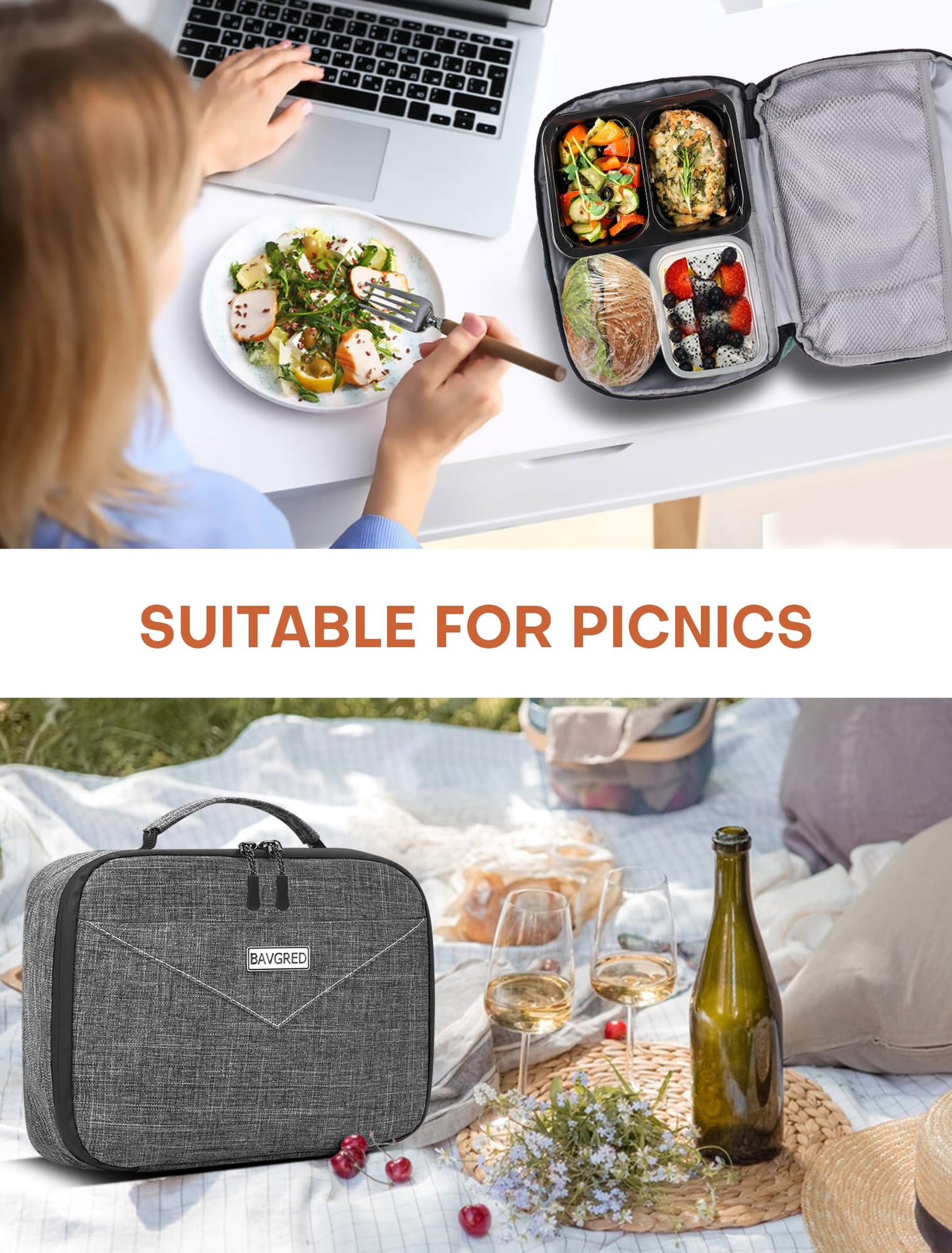 BAVGRED Lunch Box Insulated Soft Lunch Bag, Freezable and Reusable Mini Cooler, Thermal Meal Tote Containers with Exterior & Interior Pockets for Work, Outdoor Meal