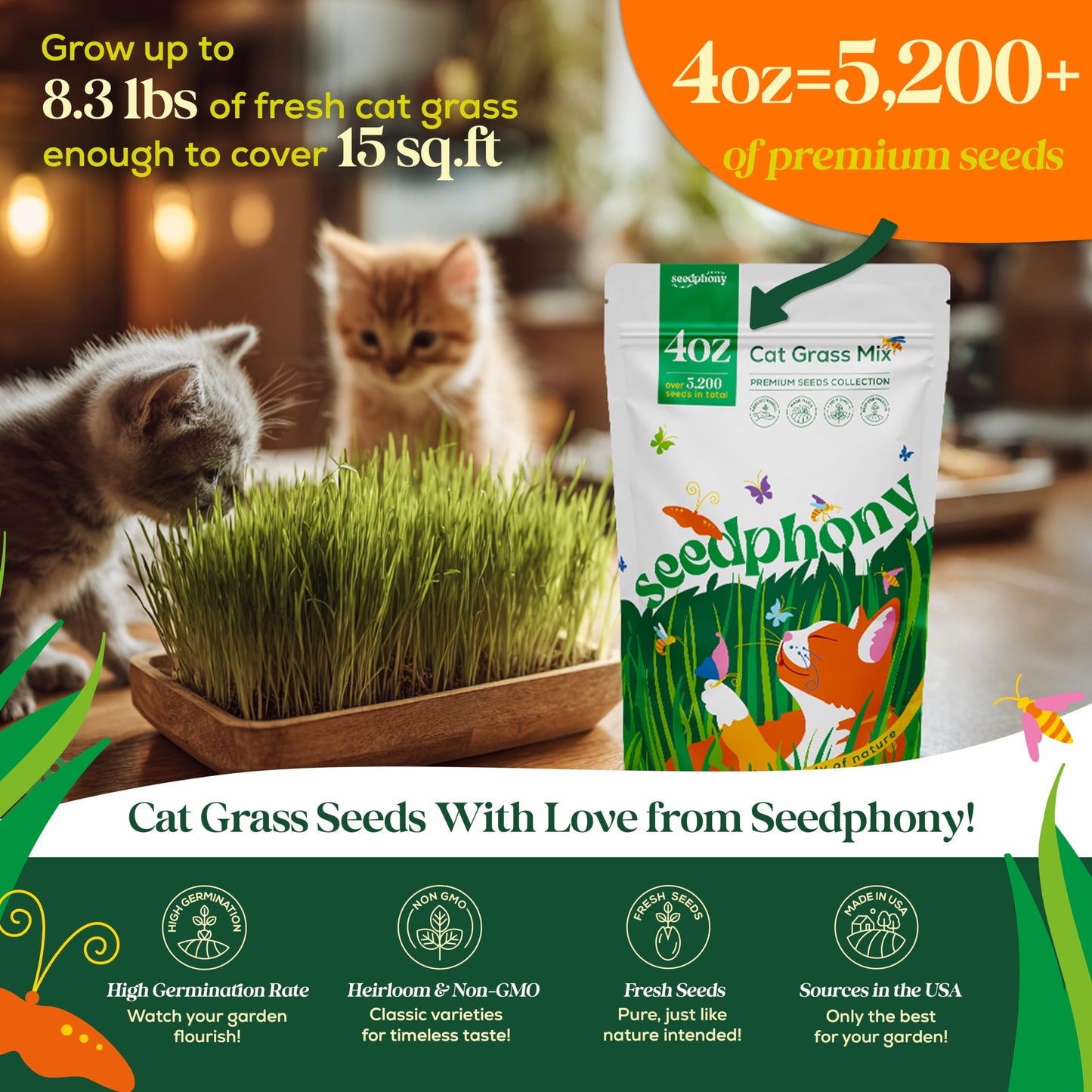 Cat Grass Seed Mix – 4 oz Pack with 5,200 Non-GMO Heirloom Seeds for Cats, Barley, Oat, Rye & Wheatgrass for Indoor Growing, Fresh Pet Grass for Digestion & Hairball Control