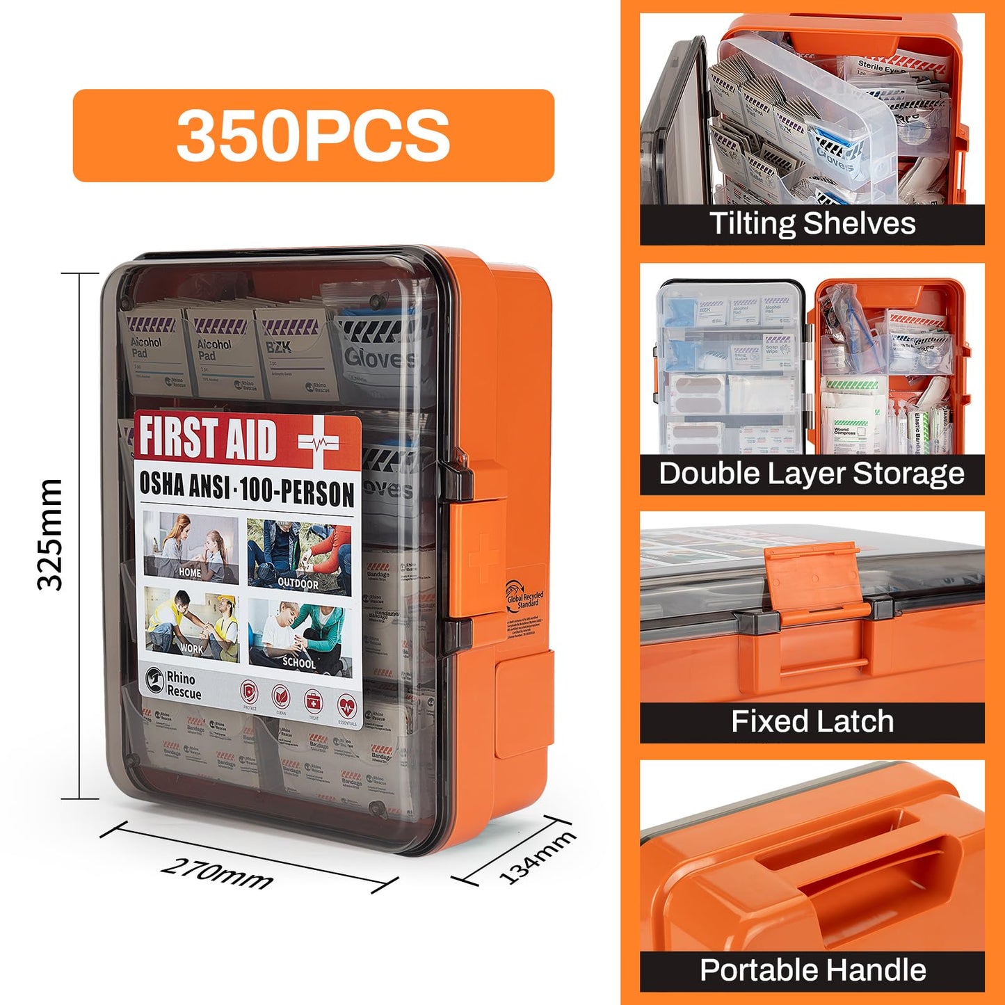 RHINO RESCUE 371 Pieces OSHA All-Purpose First Aid Kit, Home & Office Professional Medical Supplies, Ideal for Emergency, School, Business