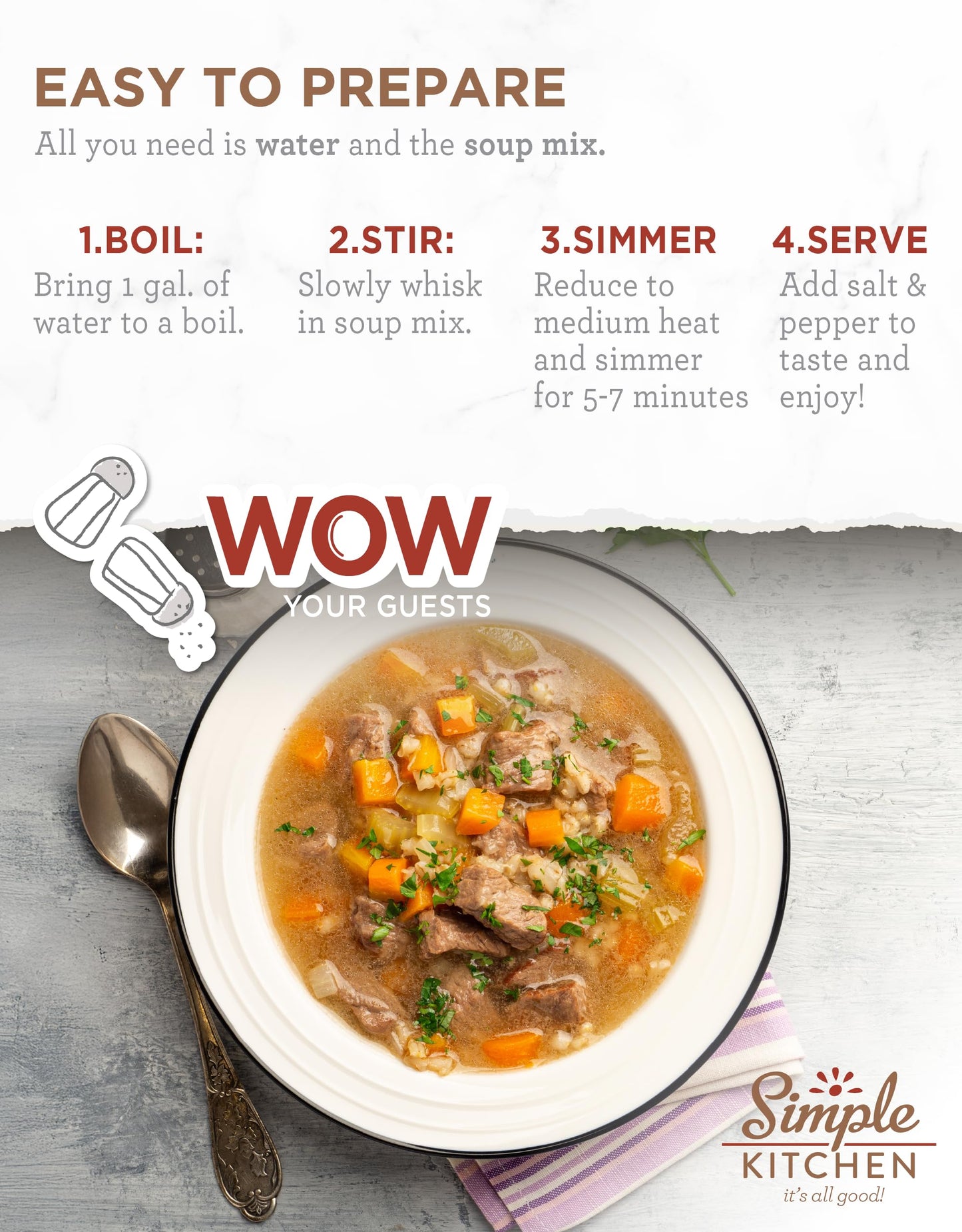 Simple Kitchen Garden Vegetable Soup Mix - 17 Servings for Meal Prep, Gluten Free, Vegetarian, Dehydrated & Freeze Dried Survival Food for Camping Meals, Backpacking & Hiking, Survival Kit, Pack of 4