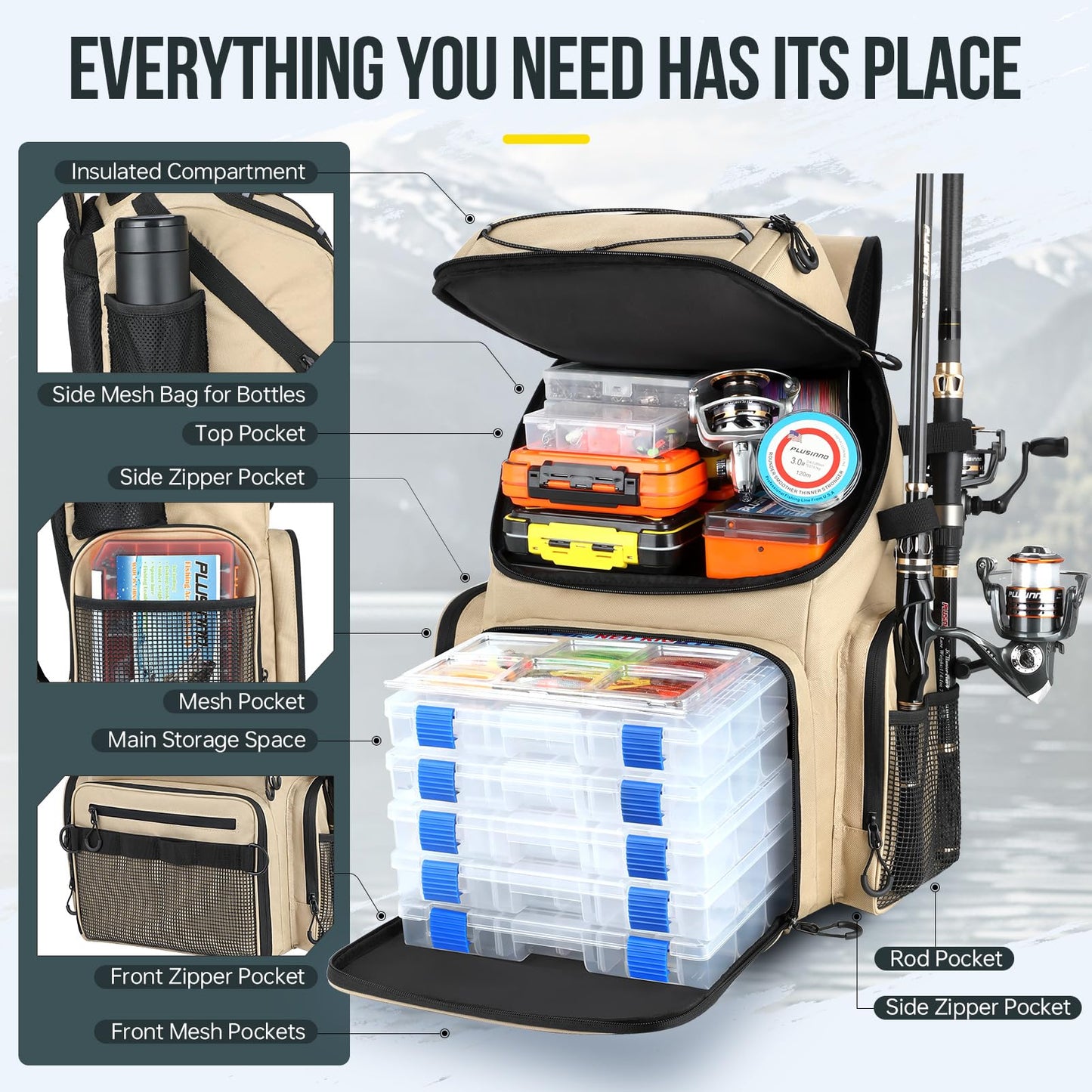 PLUSINNO Cooler Fishing Backpack with Rod Holders 45L Large Water-resistant Fishing Tackle bag Store Fishing Gear Fishing Gifts for Men Father, Sport Bags