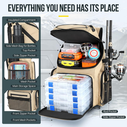 PLUSINNO Cooler Fishing Backpack with Rod Holders 45L Large Water-resistant Fishing Tackle bag Store Fishing Gear Fishing Gifts for Men Father, Sport Bags