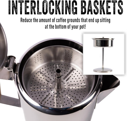 Ready Hour 9 Cup Stainless Steel Coffee Pot | Stovetop Percolator | Coffee Maker for Everyday Use, Camping Trips, and Off-Grid Preparedness