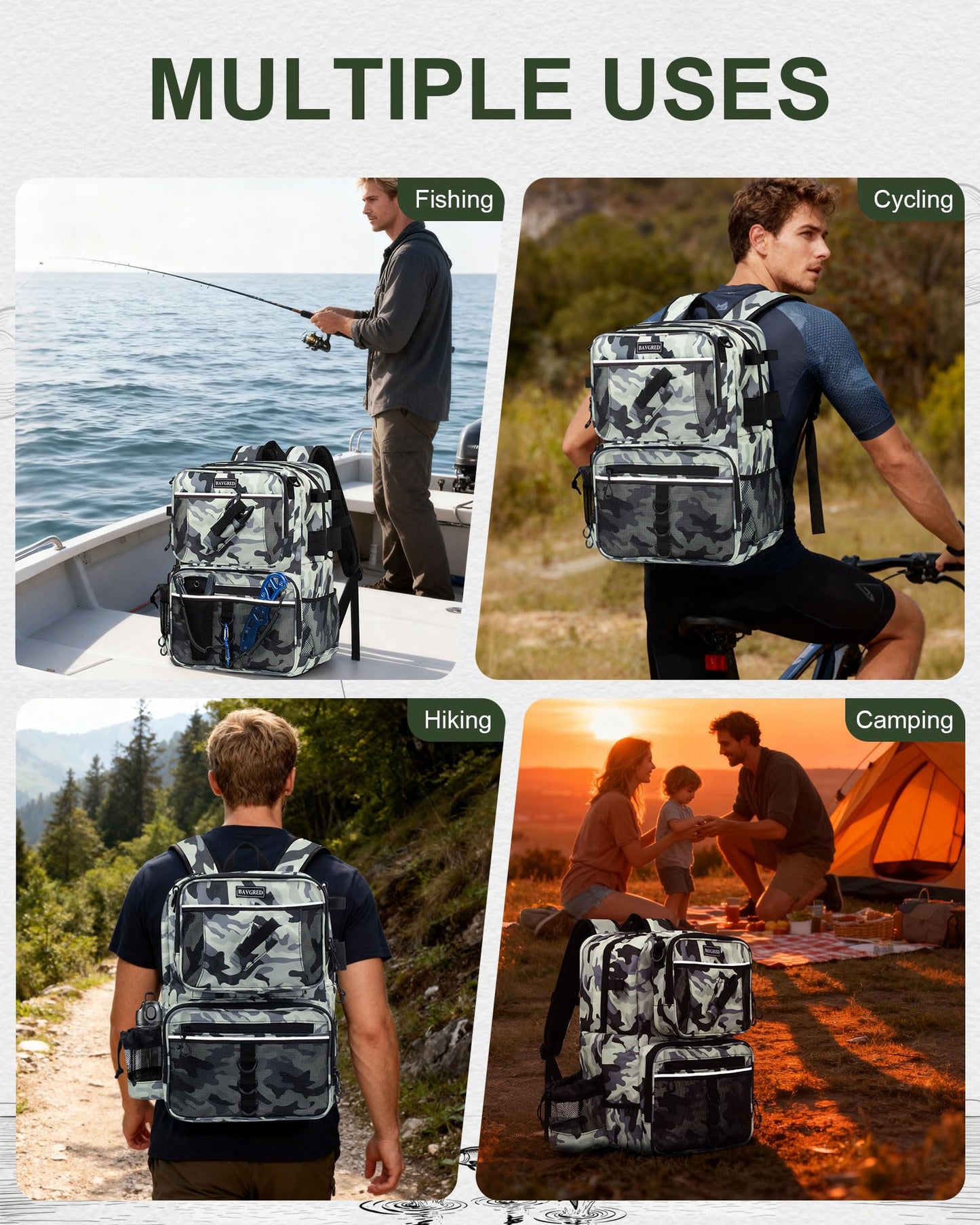 BAVGRED Fishing Backpack with Removable Bait Binder, Large Water Resistant Tackle Bag Storage Gear and Equipment for Fishing, Camping, Hiking, Grey