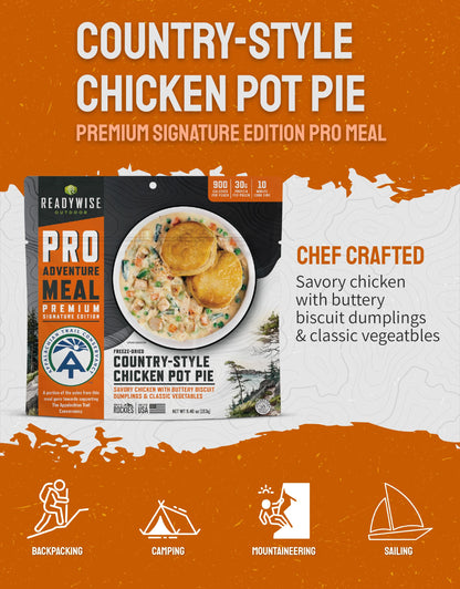 ReadyWise Outdoor Pro Adventure Meal - Country-Style Chicken Pot Pie, 2 Servings, 1 Pouch, 900 Calories, 30g Protein, Freeze Dried Food & Dehydrated Backpacking Camping Meals, up to 5 Year Shelf Life