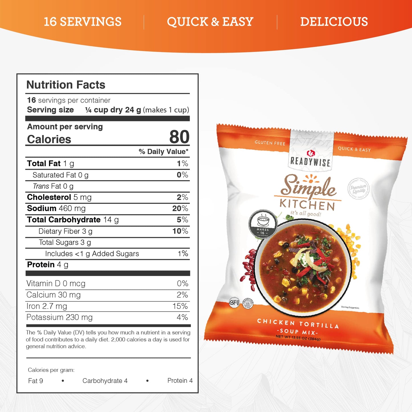 READYWISE - Simple Kitchen, Tomato Basil Soup, 17 Servings, MRE, Gluten Free, & Vegetarian, Food, Soup Mix, for Events, Hiking, Emergency Food Supply, Camping Essentials, or Daily Use, 1 Pack