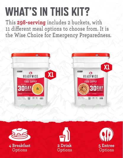 ReadyWise Emergency Food Supply - 14 Day, 150 Servings Emergency Freeze Dried Food Bucket, Protein Meals, Camping Essentials, Survival Kit, Disaster Prepping Supplies, up to 25 Year Shelf Life