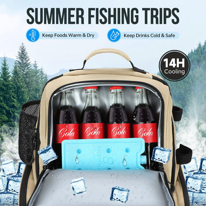 PLUSINNO Cooler Fishing Backpack with Rod Holders 45L Large Water-resistant Fishing Tackle bag Store Fishing Gear Fishing Gifts for Men Father, Sport Bags