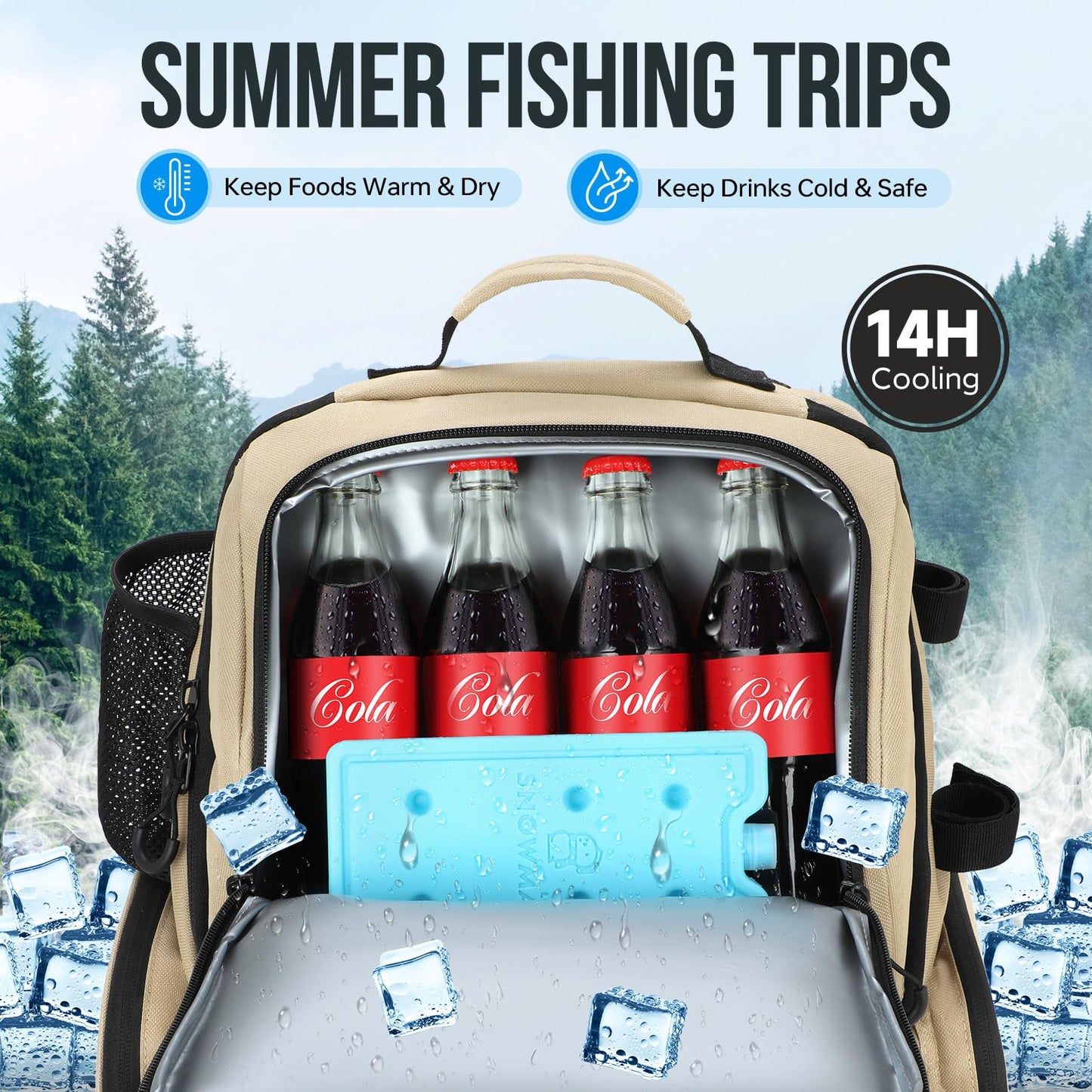 PLUSINNO Cooler Fishing Backpack with Rod Holders 45L Large Water-resistant Fishing Tackle bag Store Fishing Gear Fishing Gifts for Men Father, Sport Bags