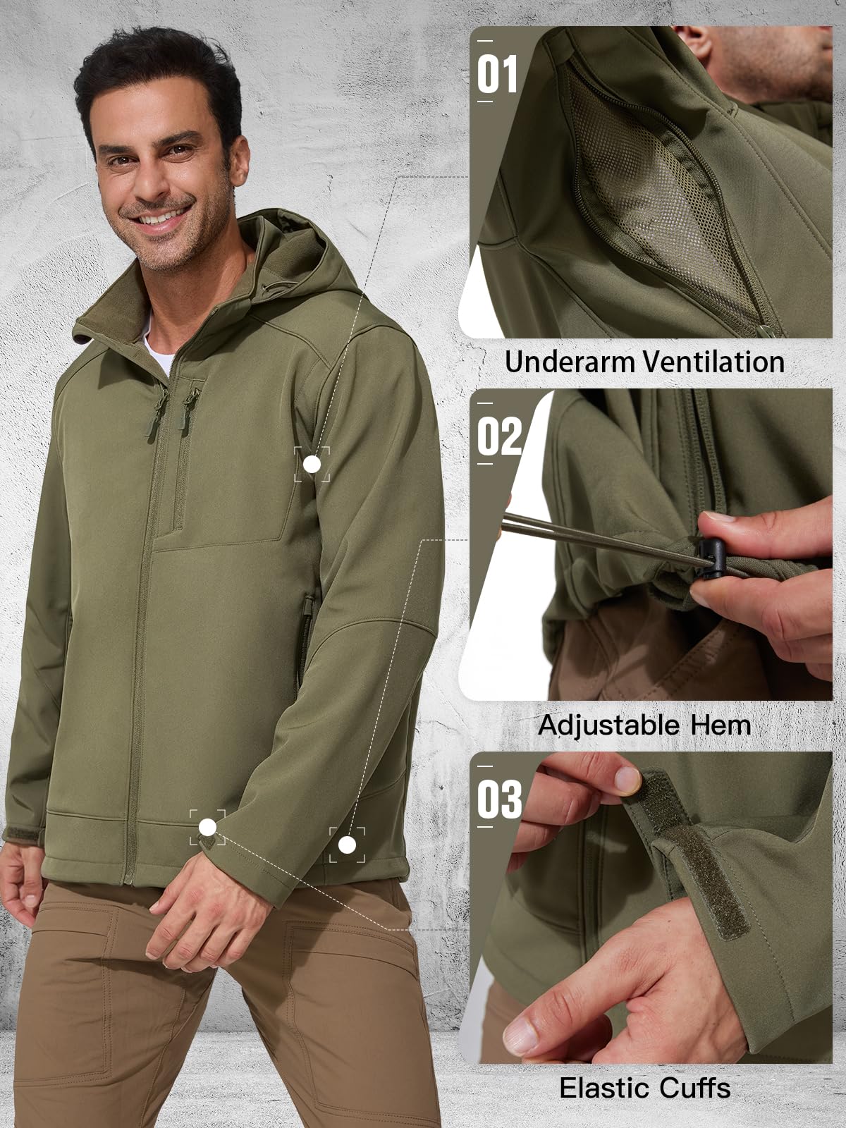 FREE SOLDIER Men's Lightweight Softshell Jacket Winter Fleece Lined Hooded Rain Waterproof Hiking Outdoor Jackets