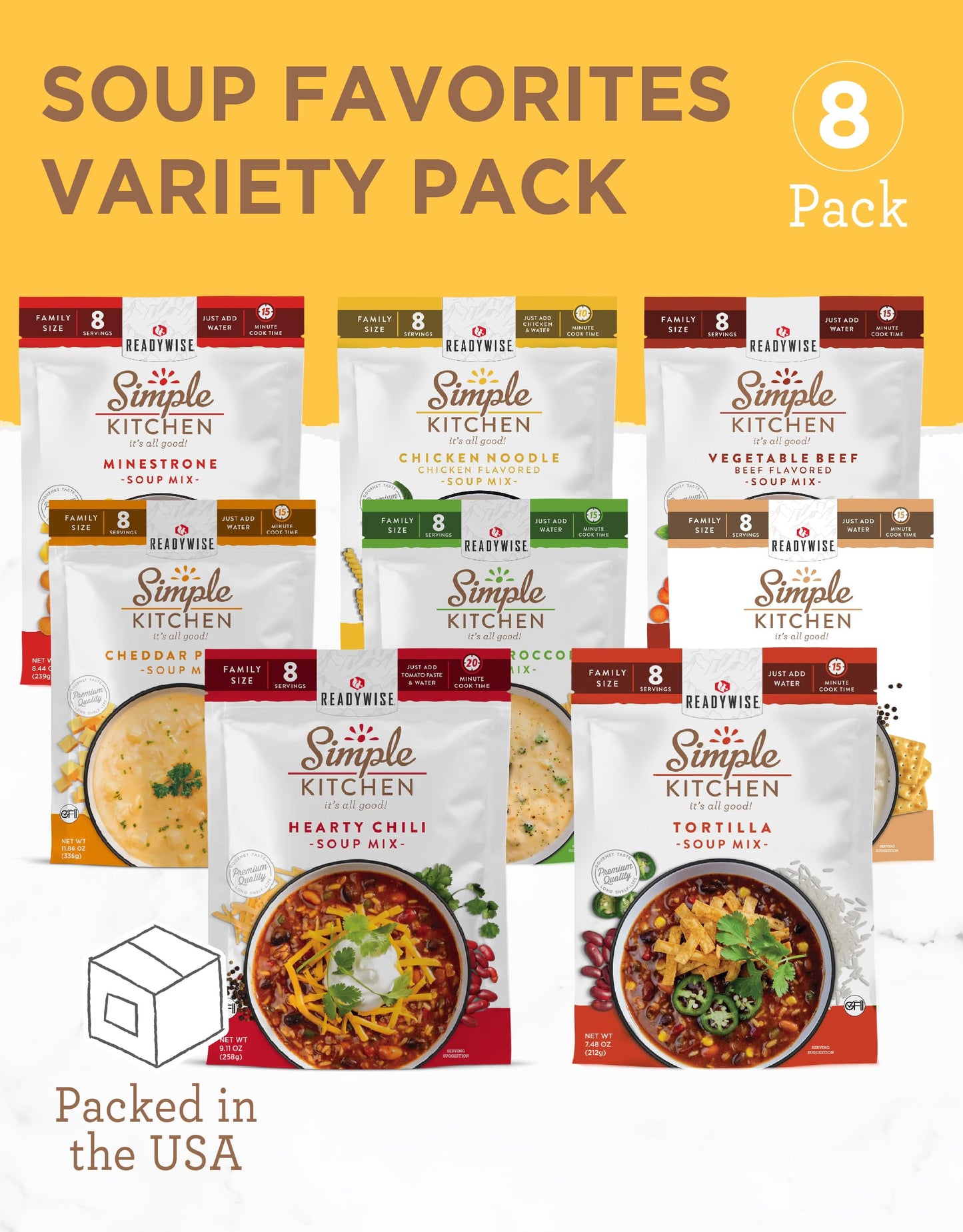 READYWISE - Simple Kitchen, Soup Sampler, Variety Pack, 8 Servings Per Pouch, Soup Mix, Family Size, Gluten Free Options, Freeze Dried Food, Soup for Family, Pack of 8