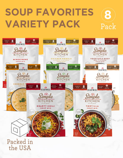 READYWISE - Simple Kitchen, Soup Sampler, Variety Pack, 8 Servings Per Pouch, Soup Mix, Family Size, Gluten Free Options, Freeze Dried Food, Soup for Family, Pack of 8