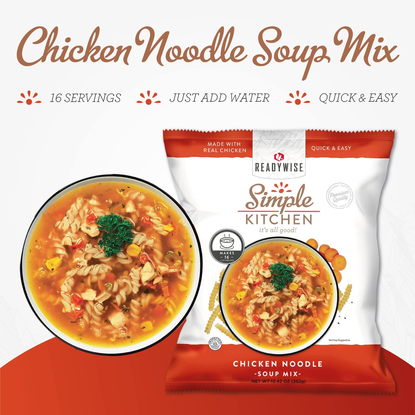 READYWISE - Simple Kitchen, Tomato Basil Soup, 17 Servings, MRE, Gluten Free, & Vegetarian, Food, Soup Mix, for Events, Hiking, Emergency Food Supply, Camping Essentials, or Daily Use, 1 Pack