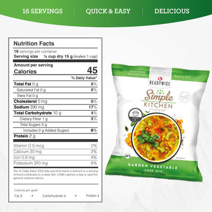 READYWISE - Simple Kitchen, Tomato Basil Soup, 17 Servings, MRE, Gluten Free, & Vegetarian, Food, Soup Mix, for Events, Hiking, Emergency Food Supply, Camping Essentials, or Daily Use, 1 Pack