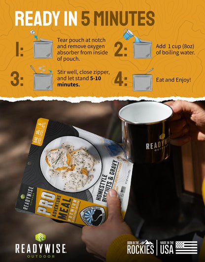 ReadyWise Outdoor Pro Adventure Meal - Breakfast Skillet, 2 Servings, 1 Pouch, Gluten Free, 700 Calories, 36g Protein, Freeze Dried Food & Dehydrated Backpacking Camping Meals, up to 5 Year Shelf Life