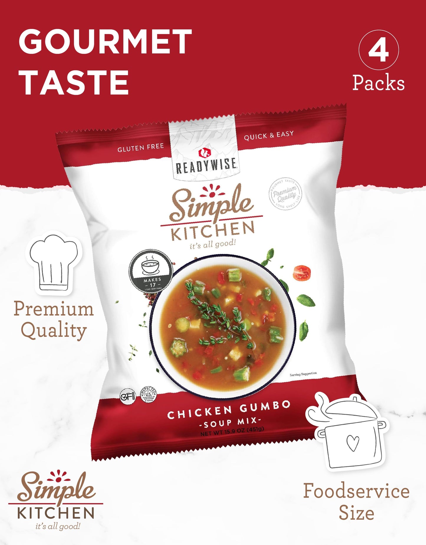 Simple Kitchen Garden Vegetable Soup Mix - 17 Servings for Meal Prep, Gluten Free, Vegetarian, Dehydrated & Freeze Dried Survival Food for Camping Meals, Backpacking & Hiking, Survival Kit, Pack of 4