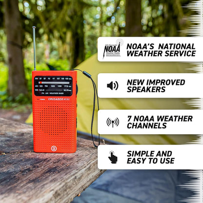 72 HRS (Upgraded) 72HRS CRUSADER MINI NOAA/AM/FM Emergency Weather Radio, Powered by 2AA Battery(Not Included), Premium Designer Radio with Finest Tuning Knob and Speaker (Red)