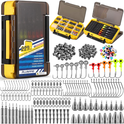 PLUSINNO 253/387pcs Fishing Gear Accessories Kit, Fishing Tackle Box with Tackle Included, Fishing Hooks, Fishing Weights Sinkers, Spinner Blade, Fishing Equipment for Bass Trout Bluegill Crappie