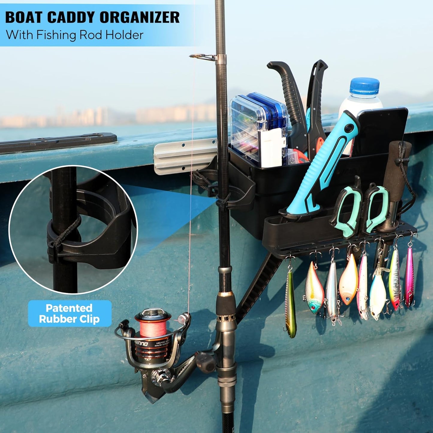 PLUSINNO Boat Cup Holder, Boat Caddy Organizer with Fishing Rod Holder, Multifunctional Boat Storage Organizer for Fishing Accessories, Boat Accessories for Jon Fishing Boat, Kayak, Paddle Boards