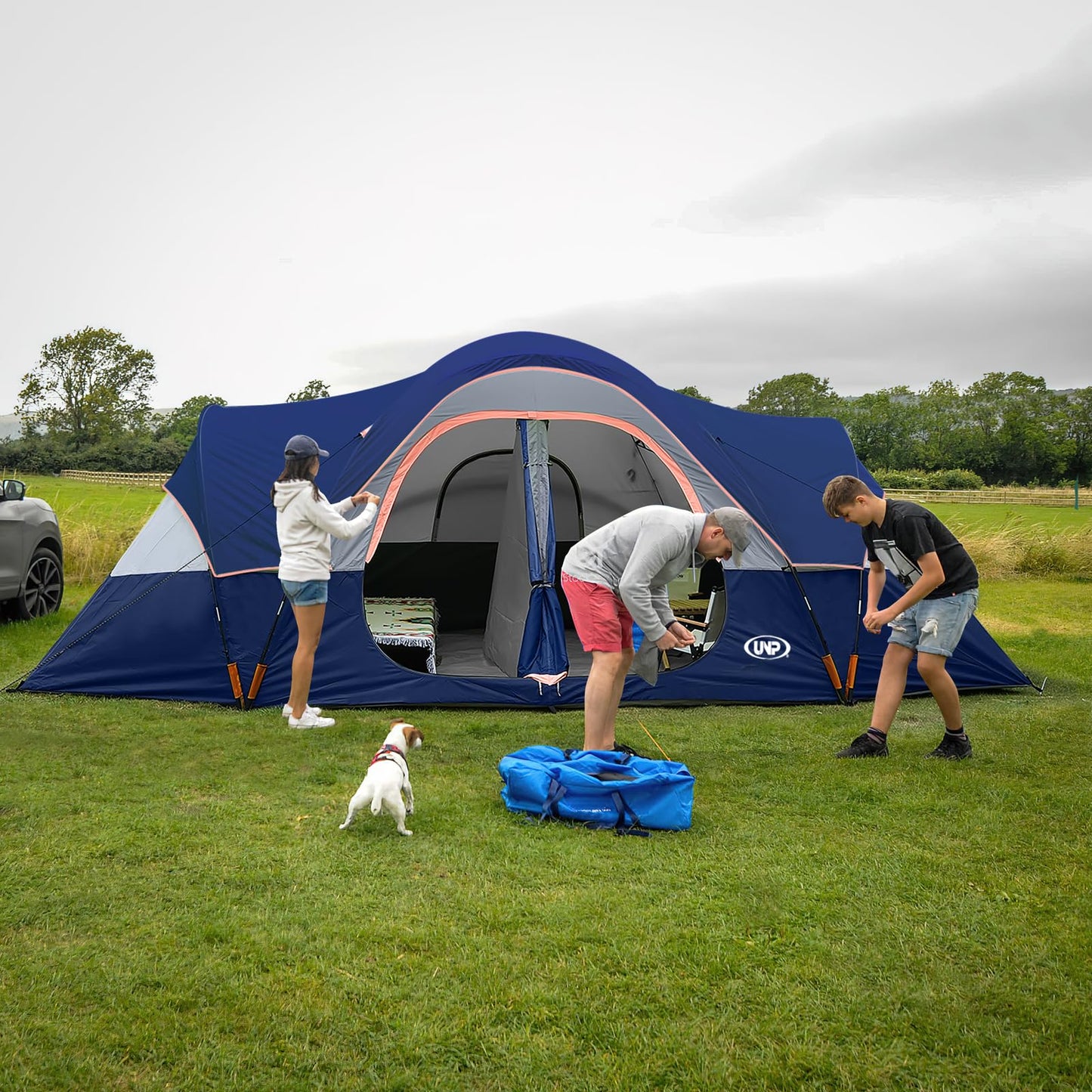 UNP Camping Tent 10-Person-Family Tents, Parties, Music Festival Tent, Big, Easy Up, 5 Large Mesh Windows, Double Layer, 2 Room, Waterproof, Weather Resistant, 18ft x 9ft x78in