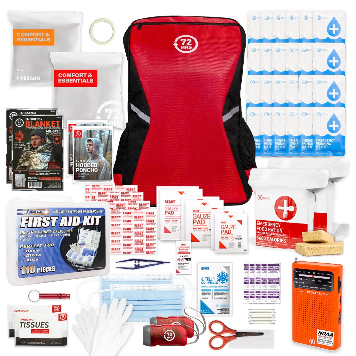 Earthquake Kit - 72 HRS Essential Emergency Survival Kit, Heavy Duty 72 Hour Bug Out Bag Survival Kit for Earthquake, Hurricane, Tsunami - Include Emergency First Aid Kit, Water, Food (Black 2P)