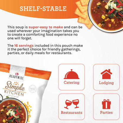 READYWISE - Simple Kitchen, Tomato Basil Soup, 17 Servings, MRE, Gluten Free, & Vegetarian, Food, Soup Mix, for Events, Hiking, Emergency Food Supply, Camping Essentials, or Daily Use, 1 Pack
