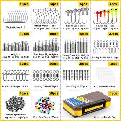 PLUSINNO 253/387pcs Fishing Gear Accessories Kit, Fishing Tackle Box with Tackle Included, Fishing Hooks, Fishing Weights Sinkers, Spinner Blade, Fishing Equipment for Bass Trout Bluegill Crappie