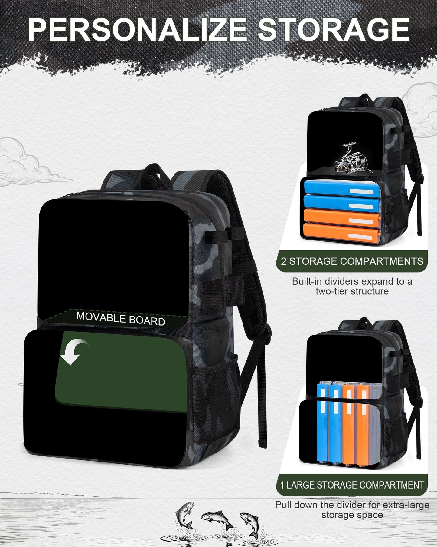 BAVGRED Fishing Backpack with Removable Bait Binder, Large Water Resistant Tackle Bag Storage Gear and Equipment for Fishing, Camping, Hiking, Grey