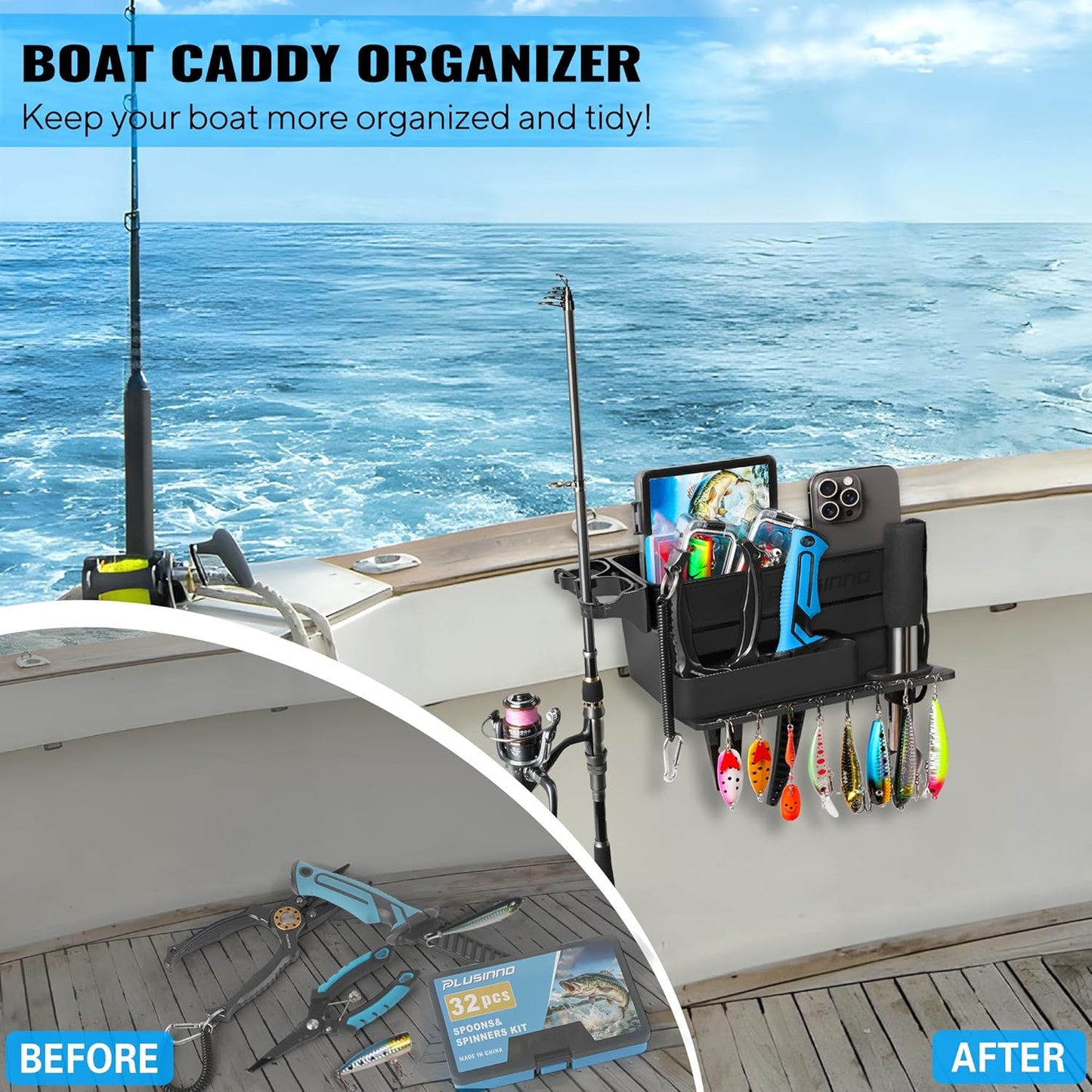 PLUSINNO Boat Cup Holder, Boat Caddy Organizer with Fishing Rod Holder, Multifunctional Boat Storage Organizer for Fishing Accessories, Boat Accessories for Jon Fishing Boat, Kayak, Paddle Boards