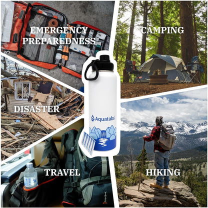Aquatabs Insulated Stainless Steel Water Purifier Water Bottle with 30 Water Purification Tablets, BPA Free Water Purification Bottle Alternative to Filtered Water Bottle.