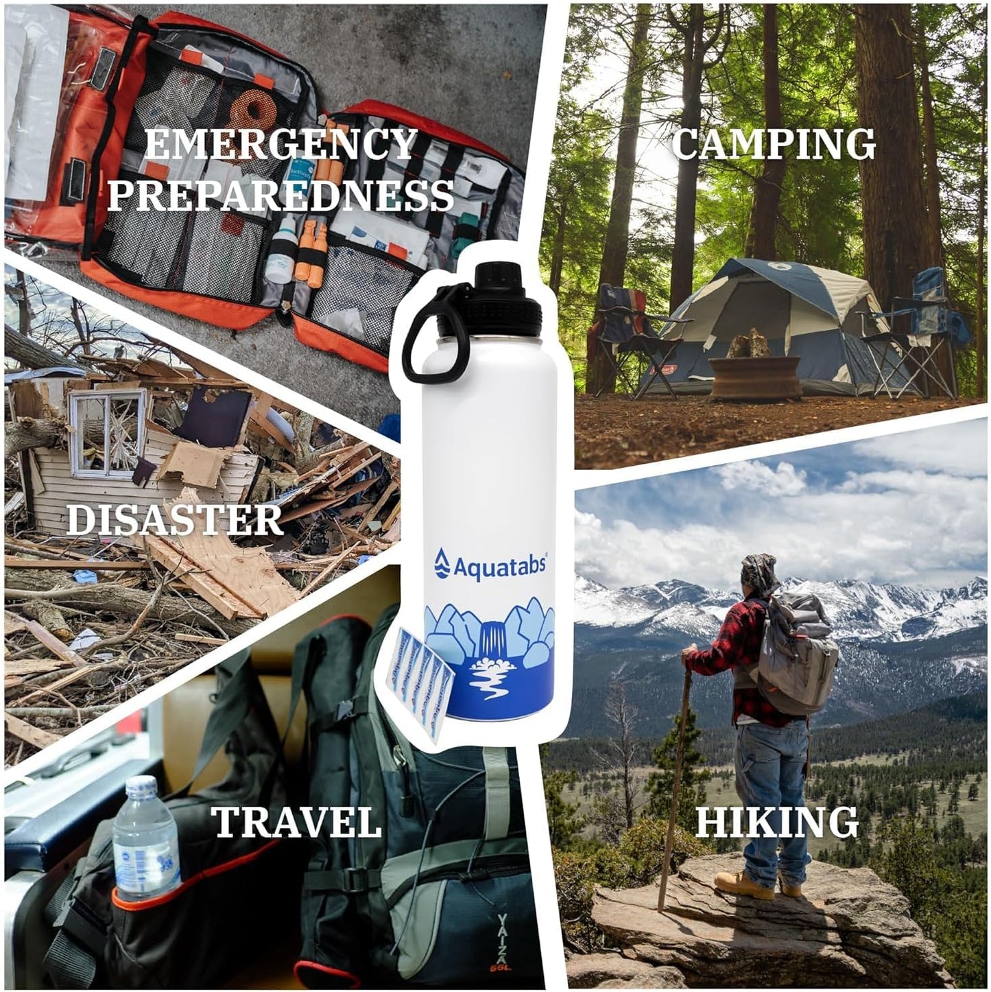 Aquatabs Insulated Stainless Steel Water Purifier Water Bottle with 100 Water Purification Tablets, BPA Free Water Purification Bottle Alternative to Filtered Water Bottle.