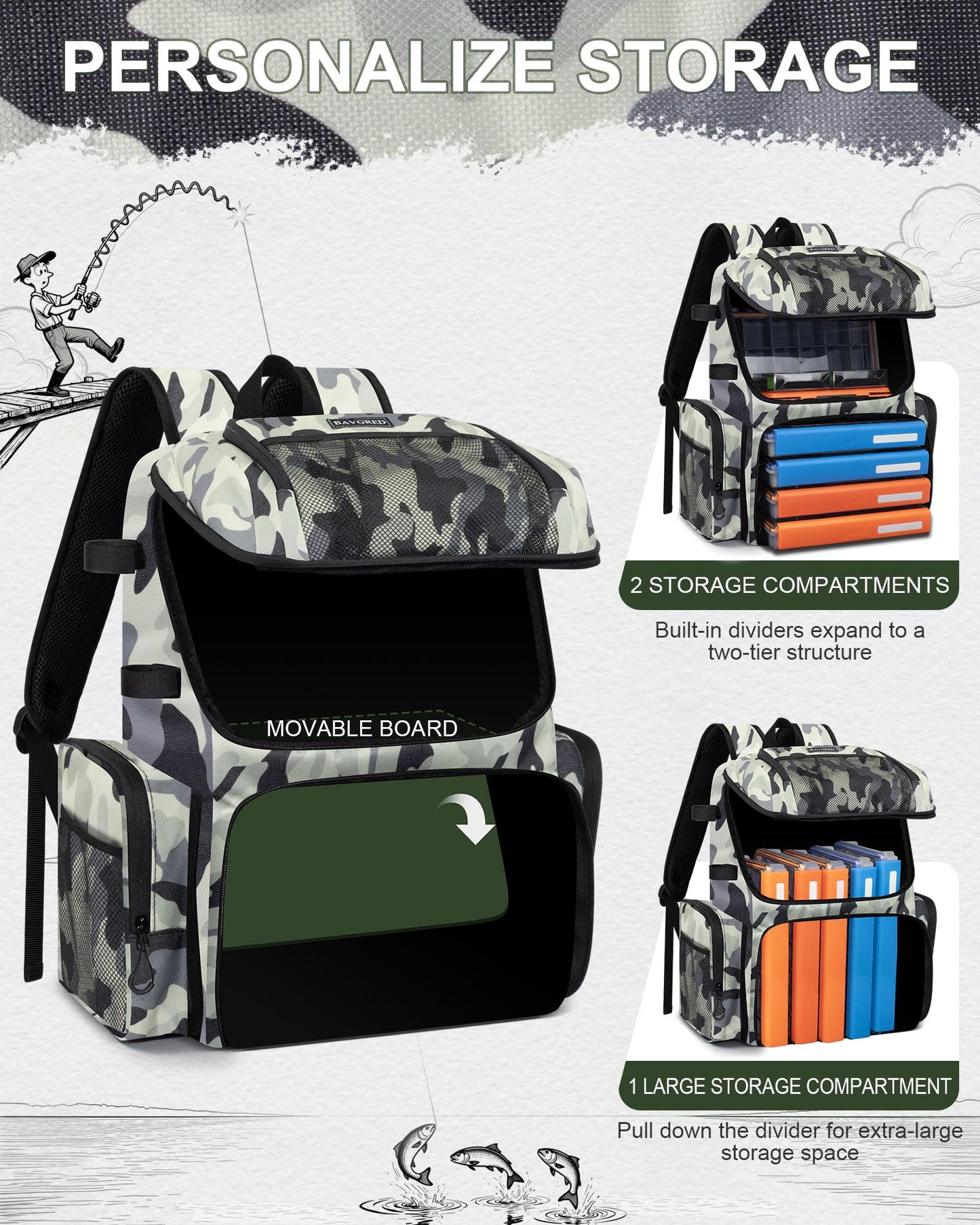 BAVGRED Fishing Backpack, Large Water Resistant Tackle Bag Storage Fishing Gear and Equipment, Built-in Cooler Compartment Grey