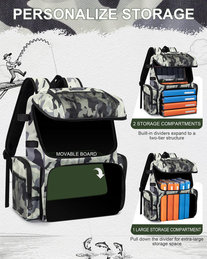 BAVGRED Fishing Backpack, Large Water Resistant Tackle Bag Storage Fishing Gear and Equipment, Built-in Cooler Compartment Grey