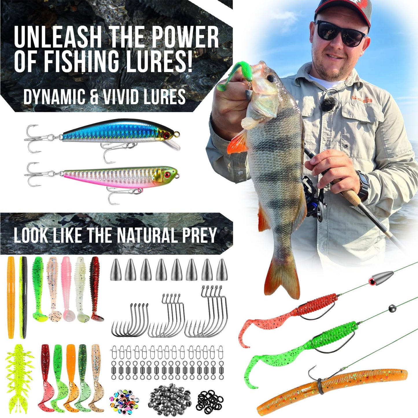 PLUSINNO Fishing Backpack with Tackle Boxes, Waterproof Fishing Sling Tackle Bag For Fishing Gear With Rod Holder, Fishing Gifts for Men With Fishing lures, Fishing pliers, Fish Lip Gripper.