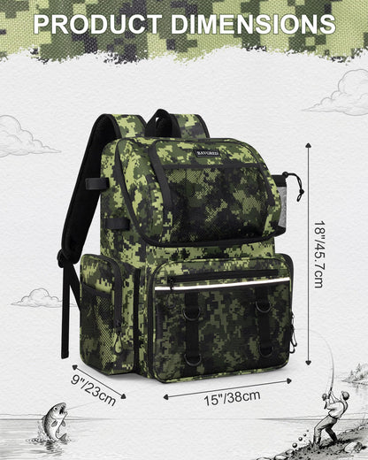 BAVGRED Fishing Backpack, Large Water Resistant Tackle Bag Storage Fishing Gear and Equipment, Built-in Cooler Compartment Grey